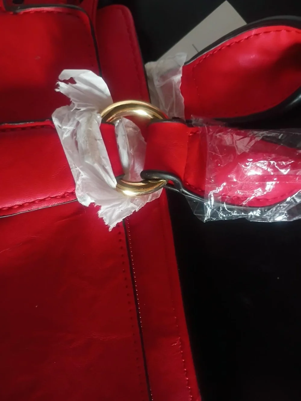 Red Woven-Panel Tote with Gold Hardware